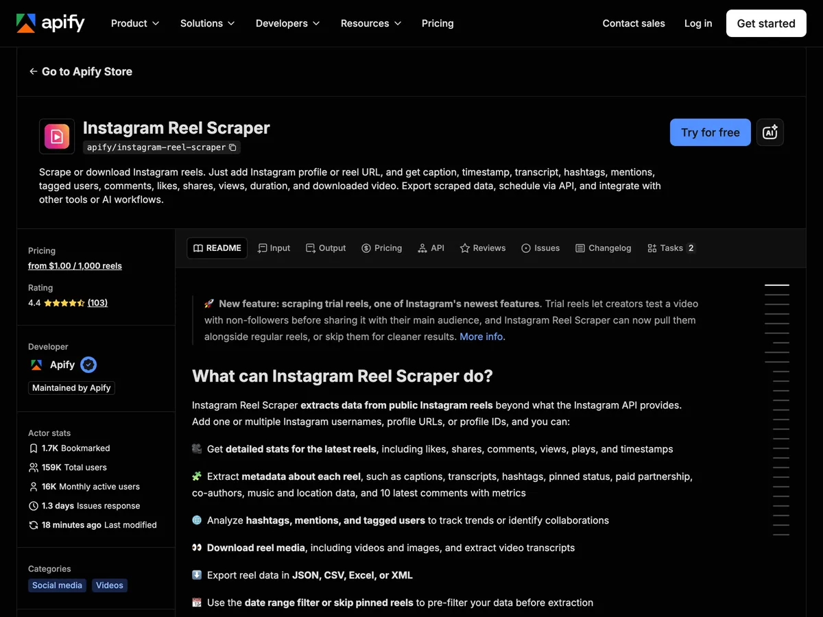Instagram Reel Scraper — 릴스 1,000개당 \$1부터