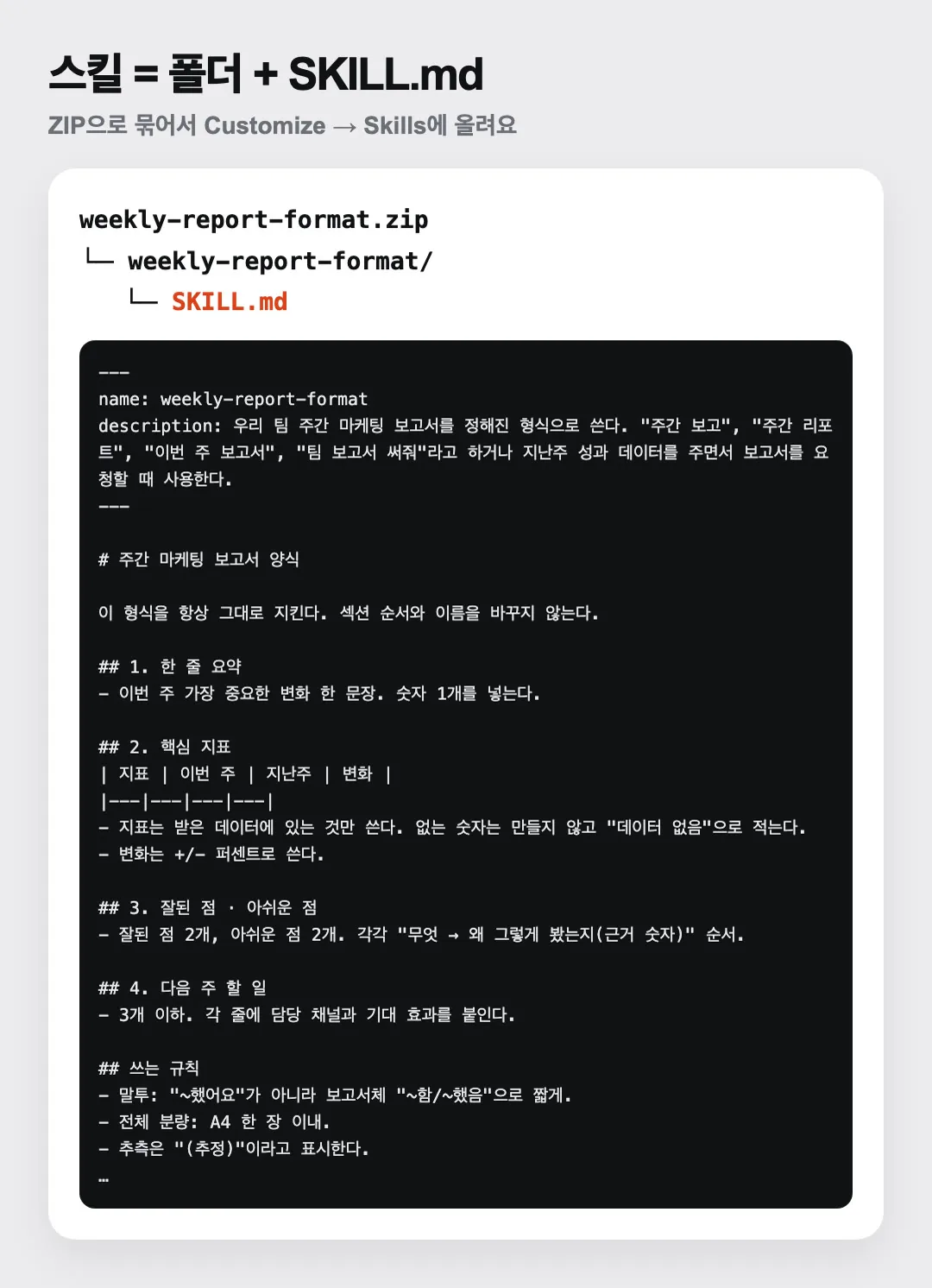 스킬 = 폴더 + SKILL.md, ZIP으로 올리기