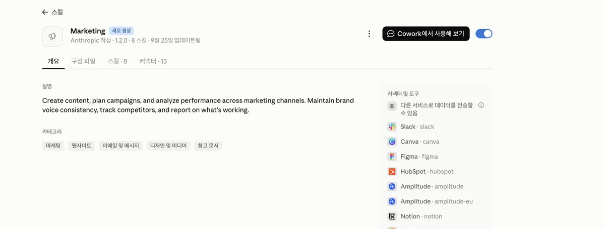 설치 후 화면 — Anthropic 작성 · 8 스킬 · 토글 켜짐