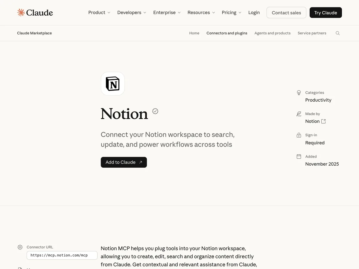 Claude 커넥터 목록의 Notion