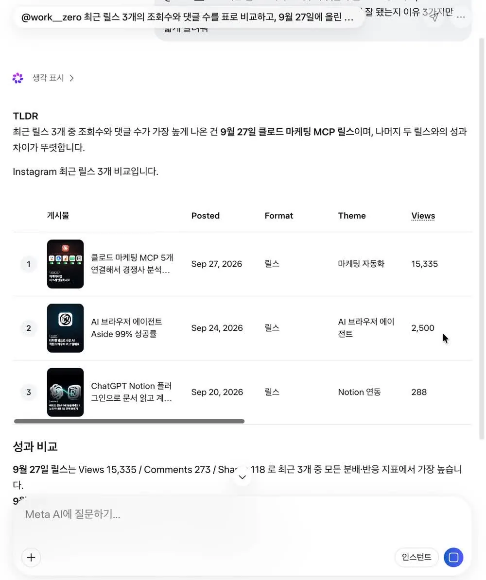 Meta AI 실제 답변: 내 릴스 3개 비교