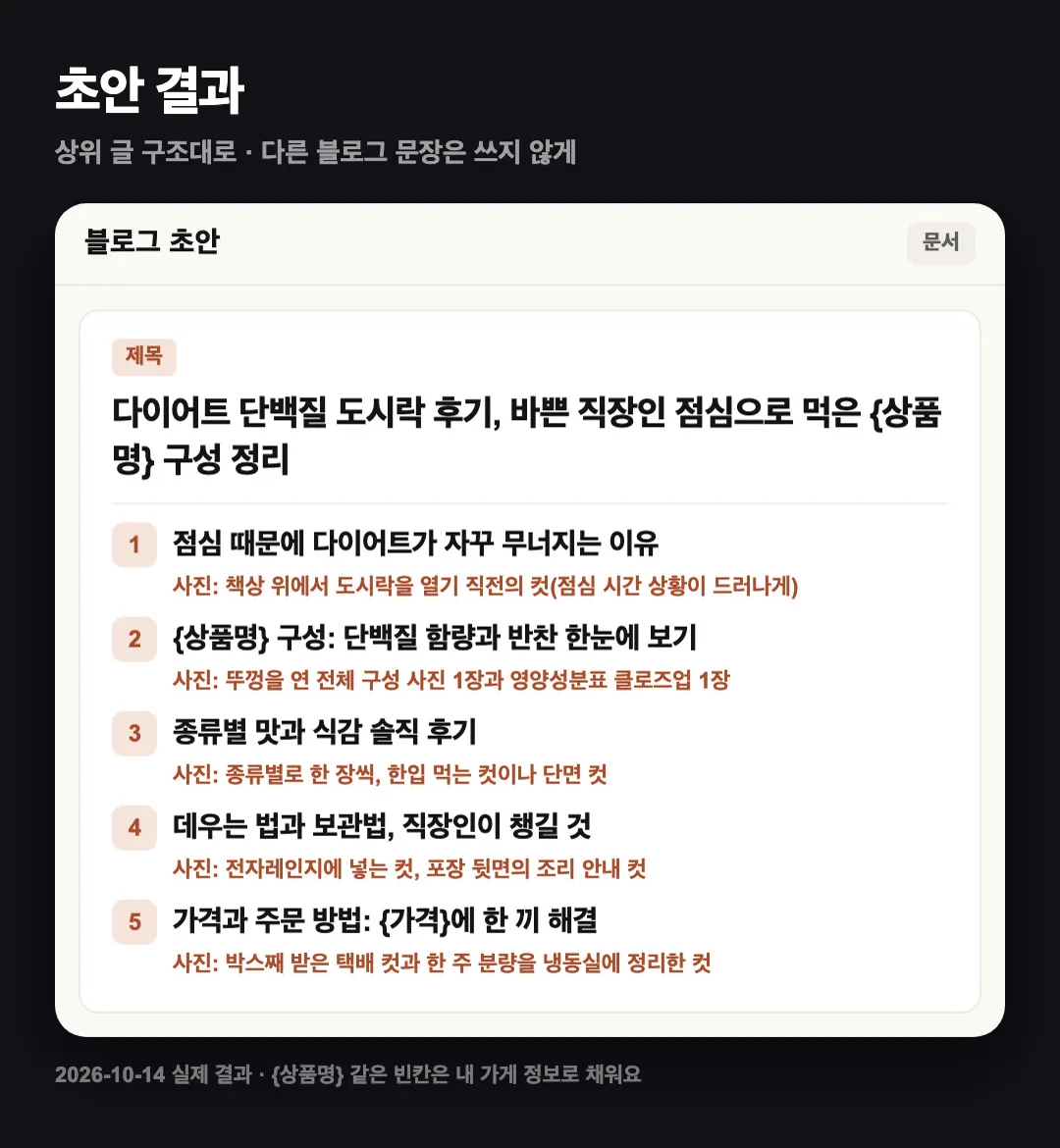 실제 결과 — 제목 1개, 소제목 5개, 사진 메모